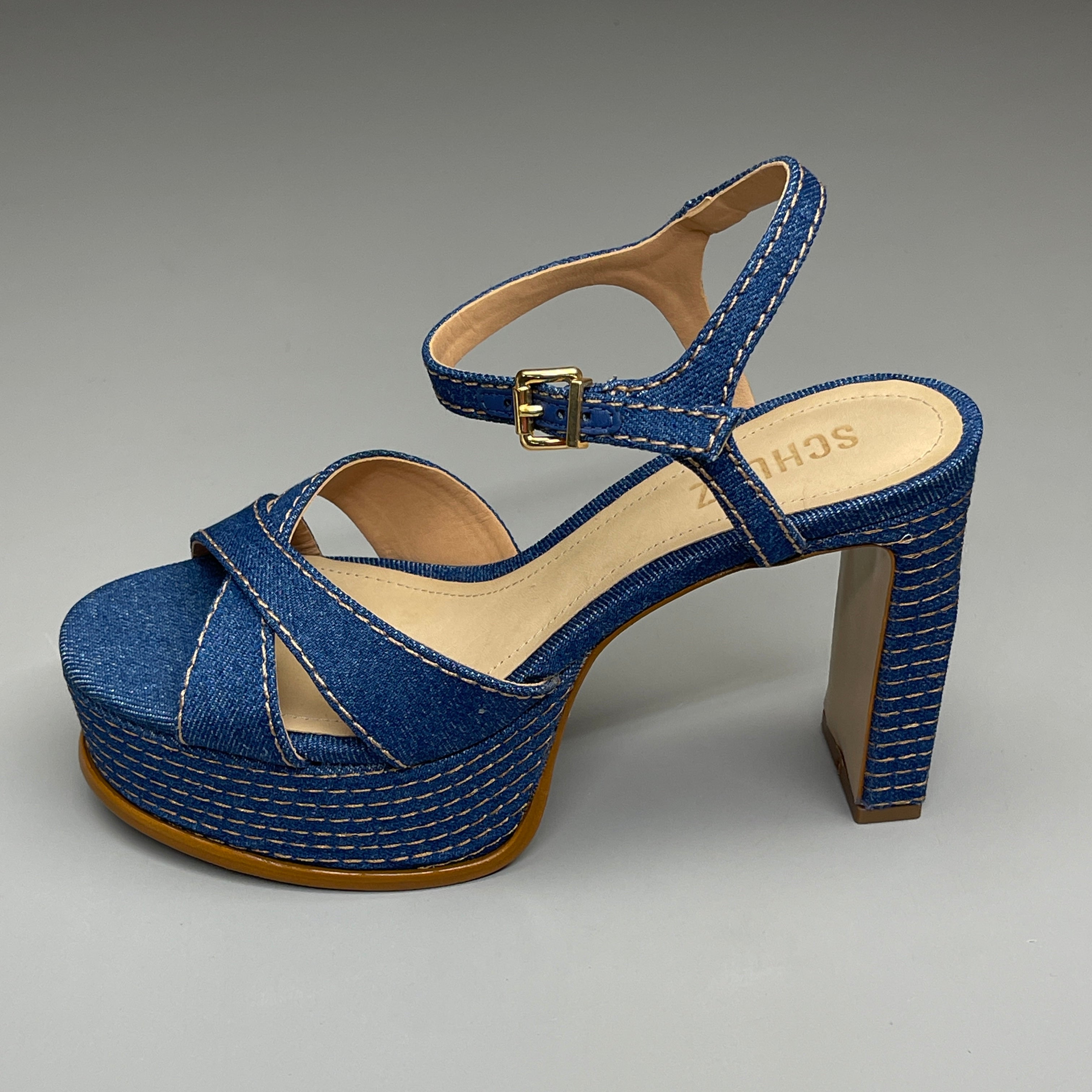 SCHUTZ Keefa Casual Denim Women's 4" Heeled Sandal Platform Blue Sz 8.5B (New)